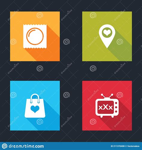 set condom in package location with heart shopping bag and sex tv old television icon vector