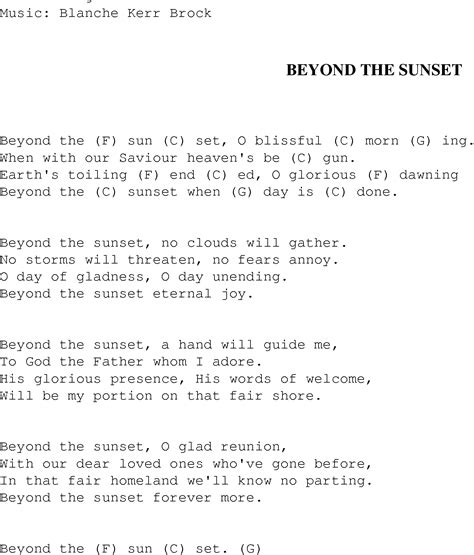 Beyond The Sunset Christian Gospel Song Lyrics And Chords