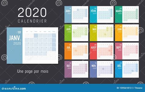 Year 2020 French Monthly Calendar Stock Vector Illustration Of Dark