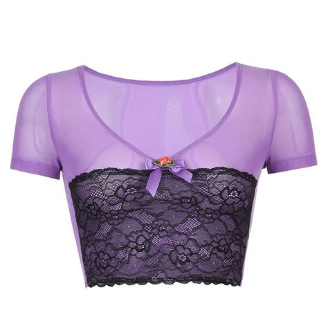 Purple Princesssemi Sheer Purple Mesh Crop Top With A Lace Bottom Half