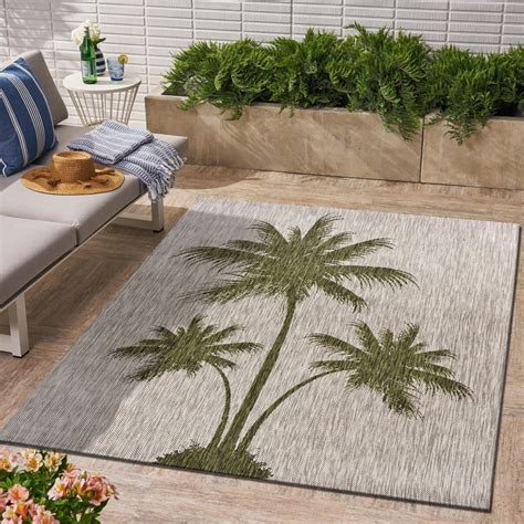 Lr Home Catalina Beige Green 5x7 Tropical Palm Breeze Indooroutdoor