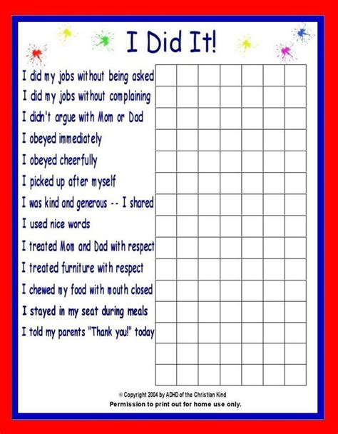 Kids Point Chart For Good Behavior Printable