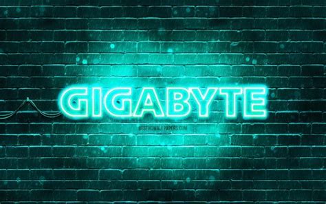 Download Wallpapers Gigabyte Turquoise Logo 4k Turquoise Brickwall