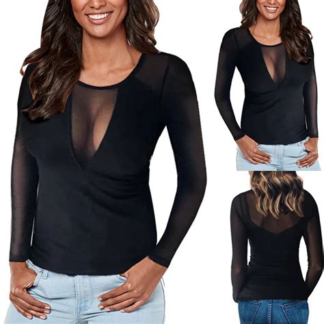 Sexy Women Sheer Mesh Tops Sexy Long Sleeve Black See Throught Black Women Summer Fashion Party