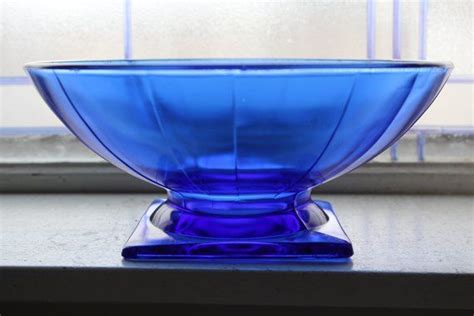 Vintage Art Deco Cobalt Blue Glass Ribbed Pedestal Bowl Etsy Blue Glass Vintage Art Deco