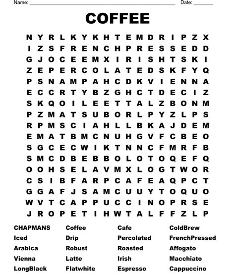 Types Of Coffee Word Search Sibotega