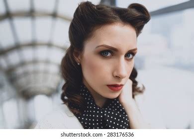 Beautiful Woman Retro Clothes On Station Stock Photo