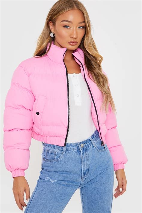 Pink Cropped Puffer Jacket In The Style Ireland