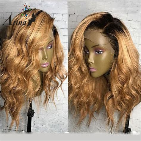 Honey Blonde Lace Front Human Hair Wigs 250 Density Short Ombre Wavy