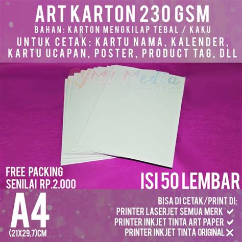 Jual Art Karton 230 Gsm A4 Isi 50 Lbr Kertas Carton Paper Glossy 230