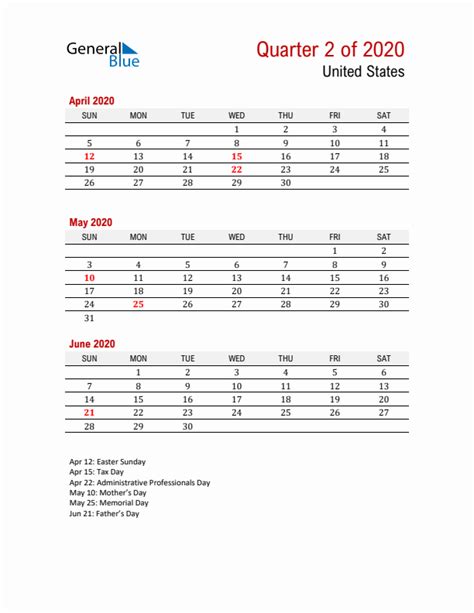 Q2 2020 Quarterly Calendar With United States Holidays Pdf Excel Word