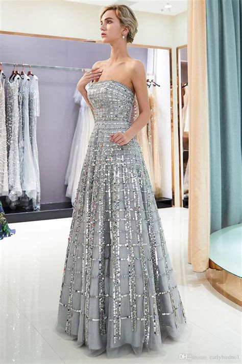 Silver Gray Prom Dresses Sequins Tulle Strapless Womens Long Evening