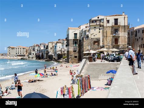 Cefalu Beach Sicily Italy Stock Photo Alamy