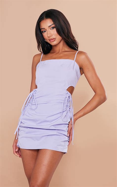 Lilac Woven Cut Out Side Ruched Bodycon Dress Prettylittlething Aus