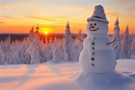 Premium Ai Image A Snowman Is Standing In The Middle Of A Snowy Field