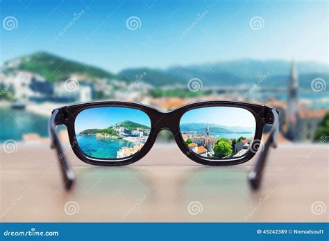 cityscape focused in glasses lenses stock image image of landscape cataract 45242389