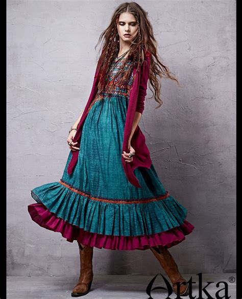 Artka Vintage Bohemian Style Turquoise Lotusblatt Kleid La14357c Stil