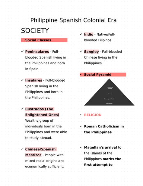 Philippine Spanish Colonial Era Philippine Spanish Colonial Era SOCIETY Social Classes ü Studocu