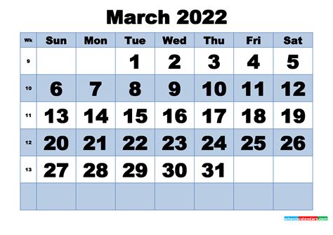 Free Printable March 2022 Calendar With Week Numbers
