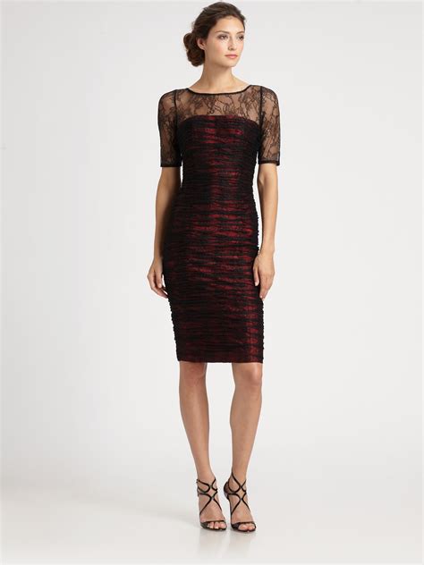Lyst Ml Monique Lhuillier Shirred Lace Dress In Red