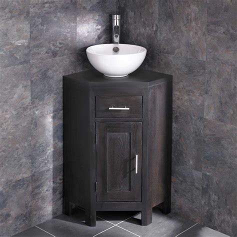 Clickbasin Wenge Oak Corner Vanity Bathroom Cabinet With White Ceramic