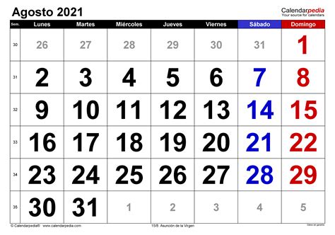 Calendario Agosto 2021 En Word Excel Y Pdf Calendarpedia