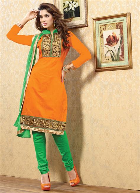Orange Embroidery Churidar Suit