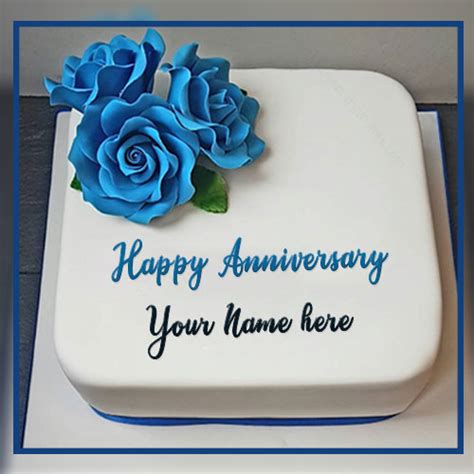 Blue Flowers Anniversary Cake Wishes With Name Edit