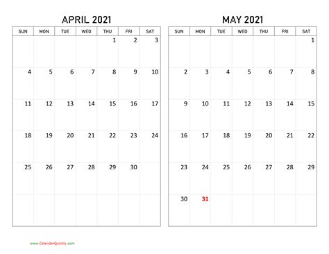April And May 2021 Calendar Calendar Quickly
