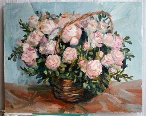 Bouquet Peach Roses In Basket Original Oil Painting Flower Etsy