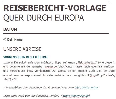 Maybe you would like to learn more about one of these? Vorlage: Reisebericht (*.odt oder *.docx) - Reisetagebuch der Travelmäuse