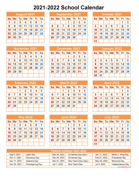 School Calendar 2021 And 2022 Printable Portrait Template Noscl22a8