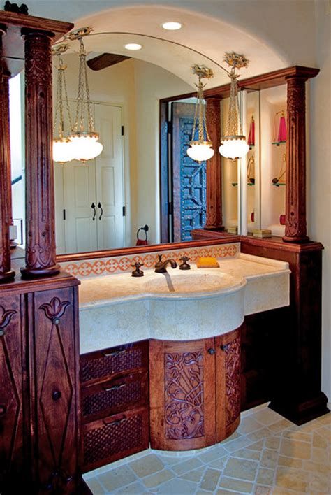 Floor mount vanity in rustic acacia. Moroccan Vanity Santa Fe, NM - Mediterranean - Bathroom ...