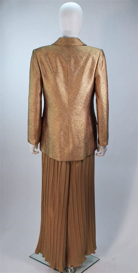 Travilla Gold Metallic Silk Lame Pant Suit Ensemble Size 6 For Sale At