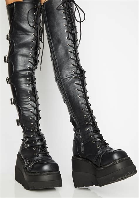 black chunky buckle boots knee high gothic punk platform mid heel combat zip women s shoes women