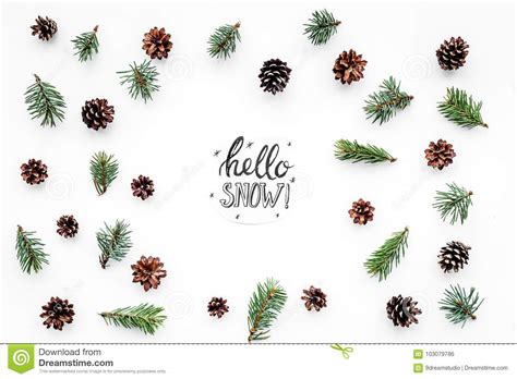 Hello Snow Hand Lettering Winter Pattern With Spruce Branch And Cones