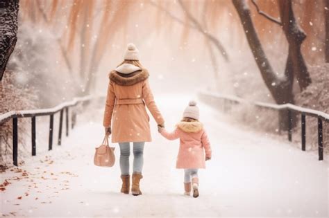 Madre E Hija Tomadas De La Mano Mientras Caminan Por Un Parque Nevado
