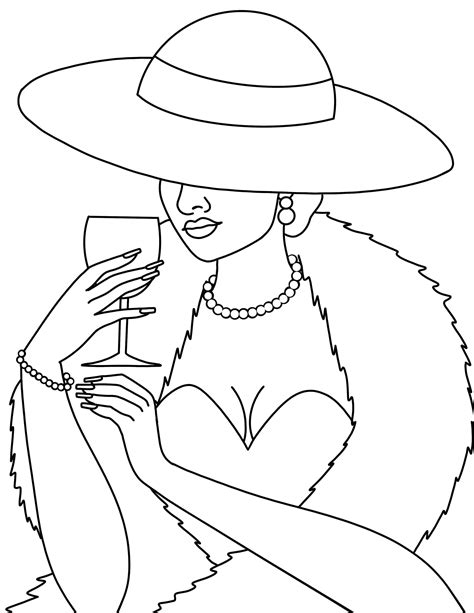 Lady In Hat Wine Glass Pre Drawn Outline Diy Paint And Sip Party Instant File For Adult Png Svg