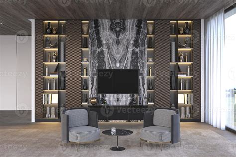 Elegant And Luxury Modern Interior Open Living Room With Marble Tv Wall And Bookshelf 3d