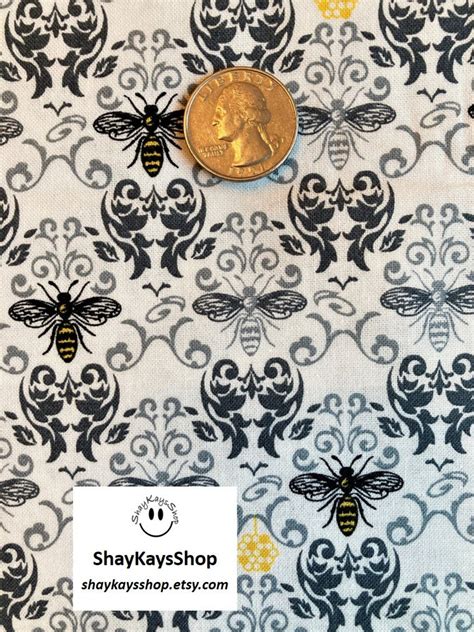 Novelty Bee Fabric Damask Black White Gray Yellow Bees On Etsy