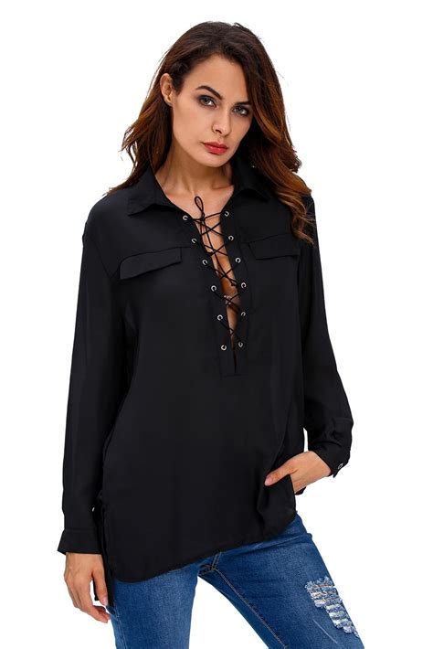Black Lace Up Long Sleeve Top Long Sleeve Tops Tunic