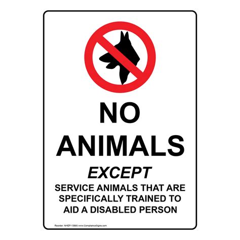Portrait No Animals Except Service Animals Sign Nhep 13895 Handicap