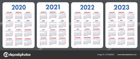 Calendar 2020 2021 2022 2023 English Color Vector Set Vertical — Stock