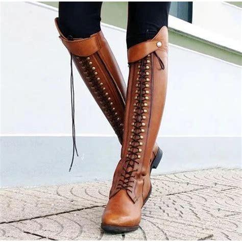 Women Knee High Boots Vintage Pu Leather Lace Up Riding Boots Cross Tied Low Heels Shoes Ladies