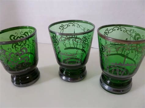 Vintage Sterling Silver Overlay Green Venetian Glass Cordials Set Of Historique Ruby Lane