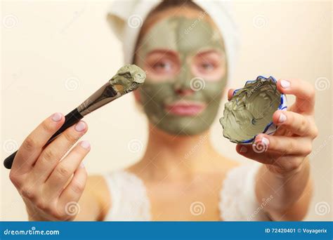Woman Applying With Brush Clay Mud Mask To Her Face Stock Image Image Of Peel Purifying
