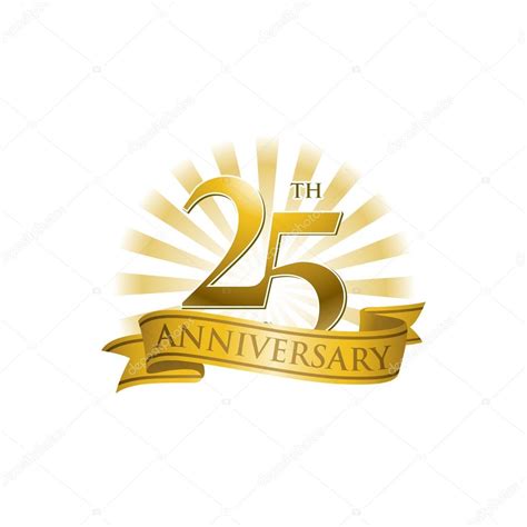 25th Anniversary Ribbon Logo With Golden Rays Of Light Stock Vector