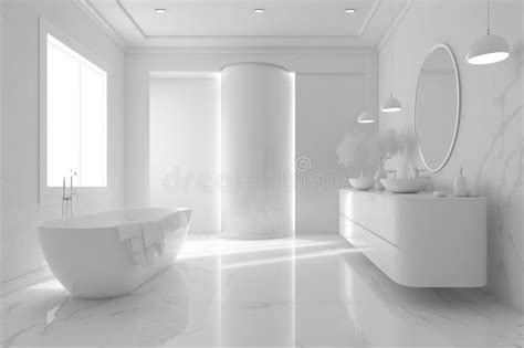 Luxury Bathroom Interior In White Tones Minimalism Stock Illustration