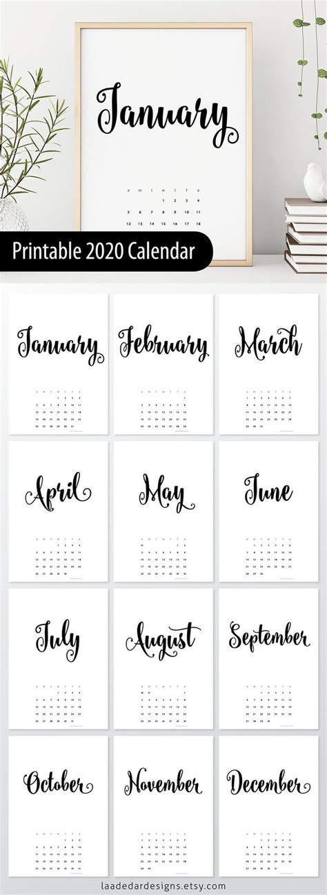 2020 Printable Calendar A4 12 Month Calendar Wall Art 7 Etsy