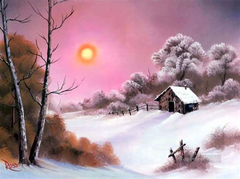 Pink Sunset In Winter Bob Ross Landscape Painting In Oil For Sale